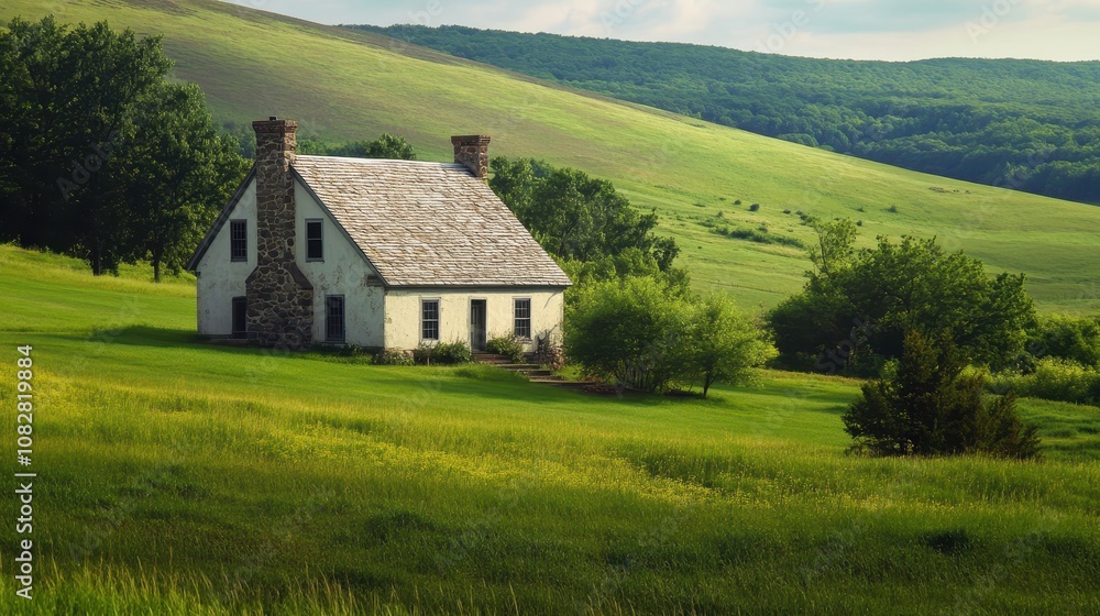 A rustic farmhouse with a stone chimney, nestled in rolling green hills. A rustic farmhouse with a stone chimney, nestled in rolling green hills.