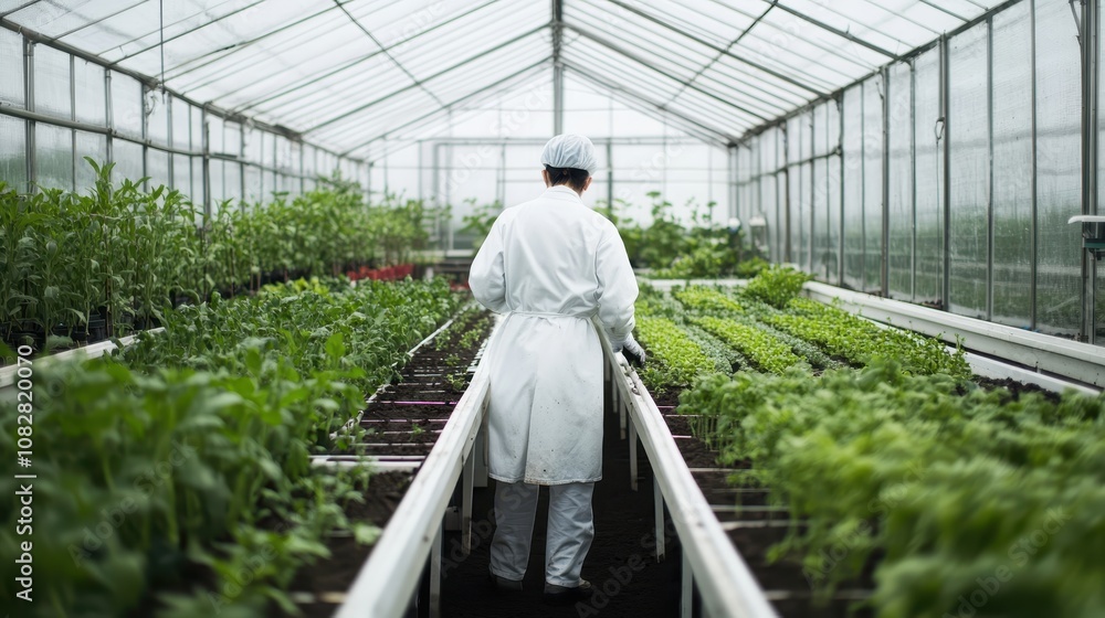 A scientist in a greenhouse analyzing soil samples for agricultural innovations. A scientist in a greenhouse analyzing soil samples for agricultural innovations.