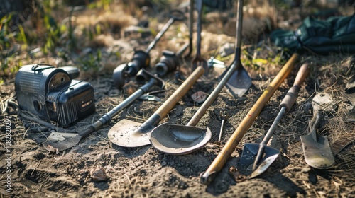 Wallpaper Mural Immaculately arranged metal detecting tools on a historical battlefield, metal detectors and digging tools ready for use, Historical exploration style Torontodigital.ca