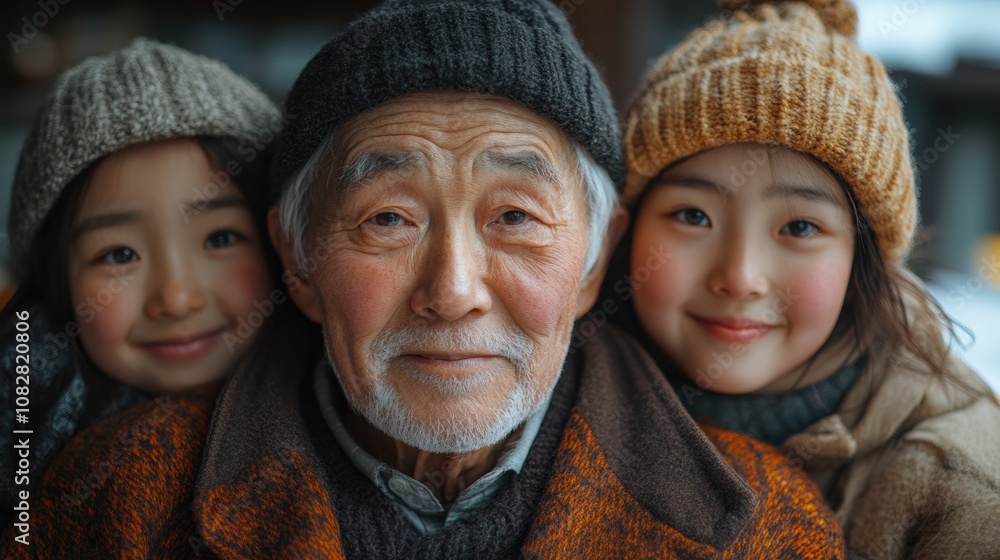 Generations of Love: A heartwarming portrait of three generations, capturing a grandfather's tender gaze and his granddaughters' infectious smiles. The image evokes warmth, family. Generations of Love: A heartwarming portrait of three generations, capturing a grandfather's tender gaze and his granddaughters' infectious smiles. The image evokes warmth, family.