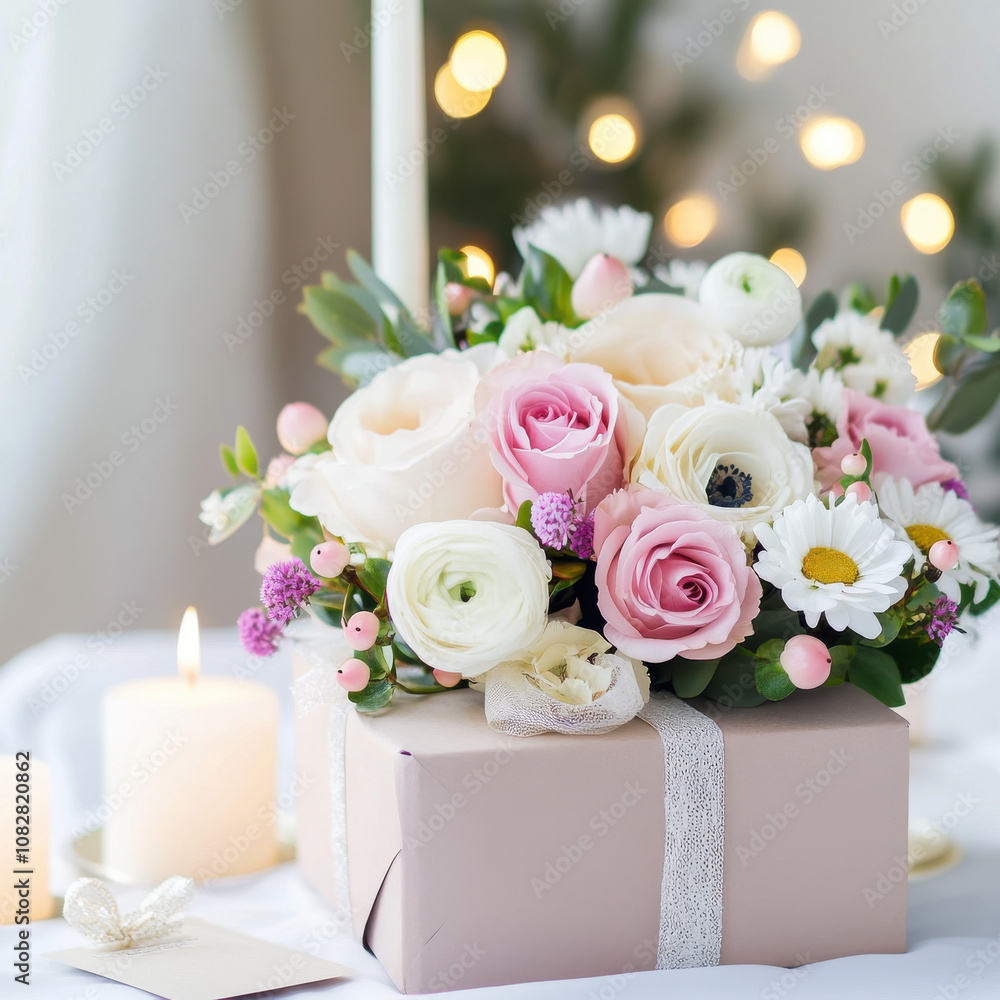 Obraz premium stylish and fresh bouquet of pink and white flowers in gift box, surrounded by soft candlelight, creating warm and inviting atmosphere