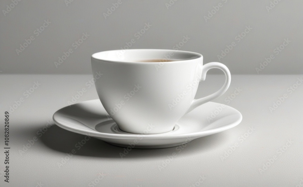 A white cup with saucer holding steaming coffee sits on a minimalist table against a soft grey background during morning light A white cup with saucer holding steaming coffee sits on a minimalist table against a soft grey background during morning light