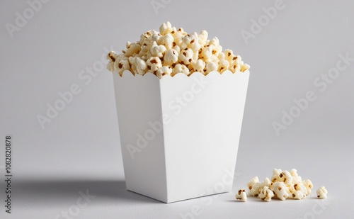 A large container of freshly popped popcorn with some kernels scattered on a light background for a cozy movie night photo