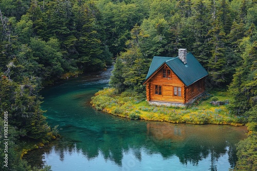 Cozy cabin retreat surrounded by lush forest and tranquil river bend