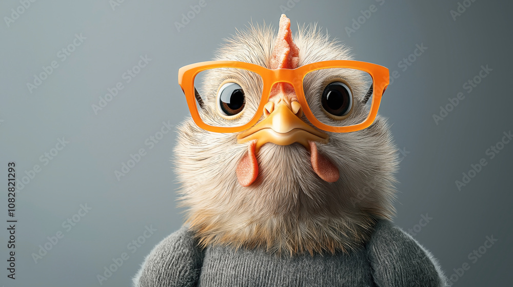 Cute cartoon chicken with fluffy feathers wearing oversized orange glasses and a grey sweater against a plain background Cute cartoon chicken with fluffy feathers wearing oversized orange glasses and a grey sweater against a plain background