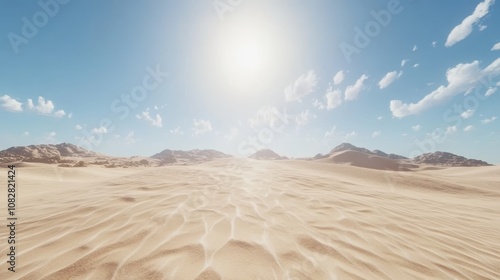 A stark desert with rippled sand dunes under a blazing midday sun.