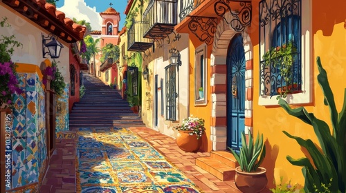 Vibrant Cartoon Style Apartment Exterior with Mosaic Tiles