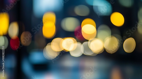 Abstract bokeh of warm, yellow city lights at night with a blue background.