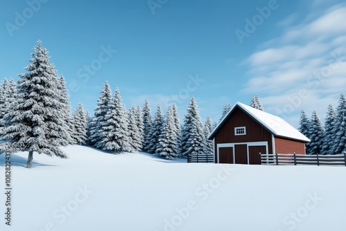 A red barn sits in a snowy forest clearing, with tall pine trees covered in snow, against a blue sky with white clouds.