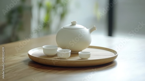 A tea ceremony, with a traditional teapot and small cups on a bamboo tray. photo