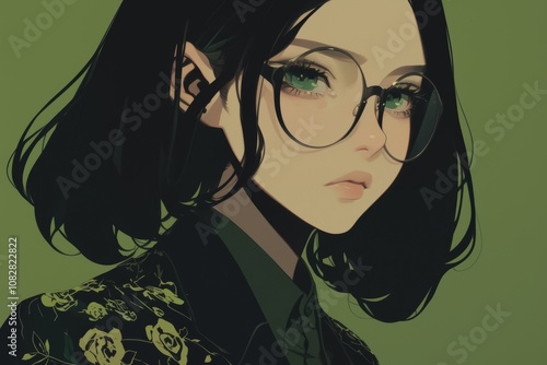 Anime Illustration. Stylish Portrait of Anime Girl with Glasses and Dark Green Background