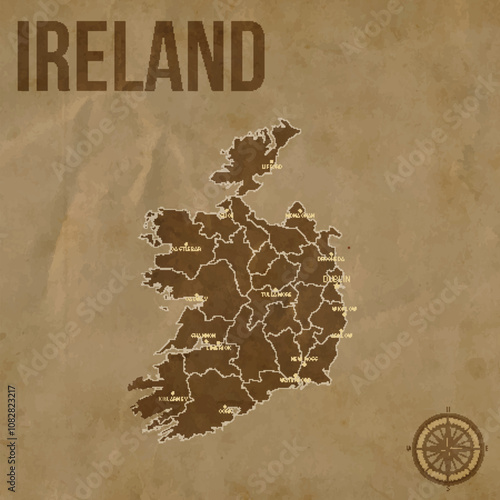 Vintage IRELAND Map with Regions Borders and Major Cities Positions