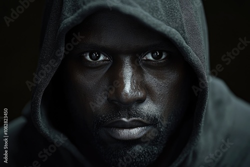 Portrait of a hooded black man tired of racial discrimination photo