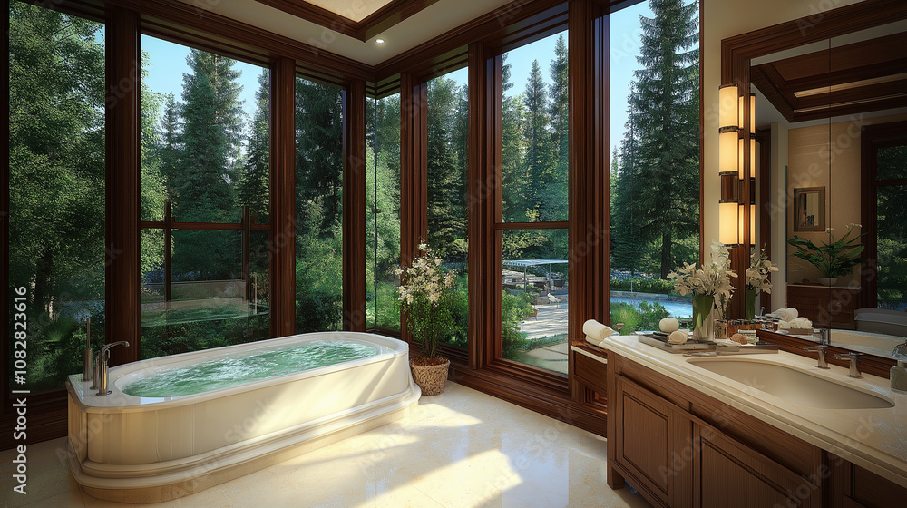 Bathroom with Floating Tub, Floor-to-Ceiling Windows, and Wood Accents Bathroom with Floating Tub, Floor-to-Ceiling Windows, and Wood Accents