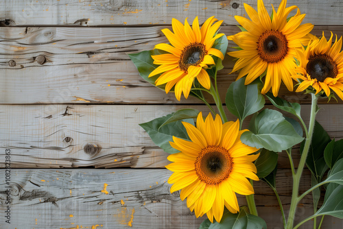 Yellow sunflowers on a wooden background.