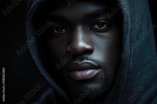 Portrait of African American man with hood over a black background