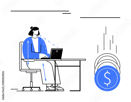 Office worker at a desk with a laptop, arrows indicating motion, blue-themed dollar icons. Ideal for financial planning, business growth, productivity, work efficiency, remote work, economic