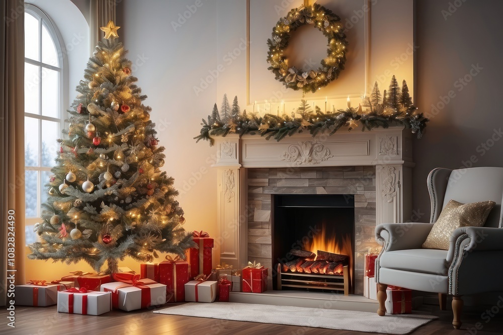 Christmas Tree In Red Shiny Glittering Background - Baubles Hanging On Fir With Abstract Lights Christmas Tree In Red Shiny Glittering Background - Baubles Hanging On Fir With Abstract Lights