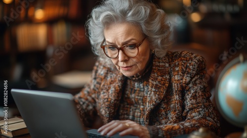 Senior Woman Focused on Laptop: An older woman, her silver hair framing her face, sits intently at a desk, eyes focused on her laptop. The warm glow of the desk lamp illuminates the scene.