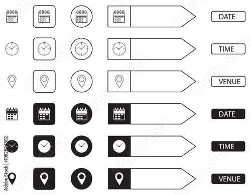 Date time venue icons set. Vector illustration