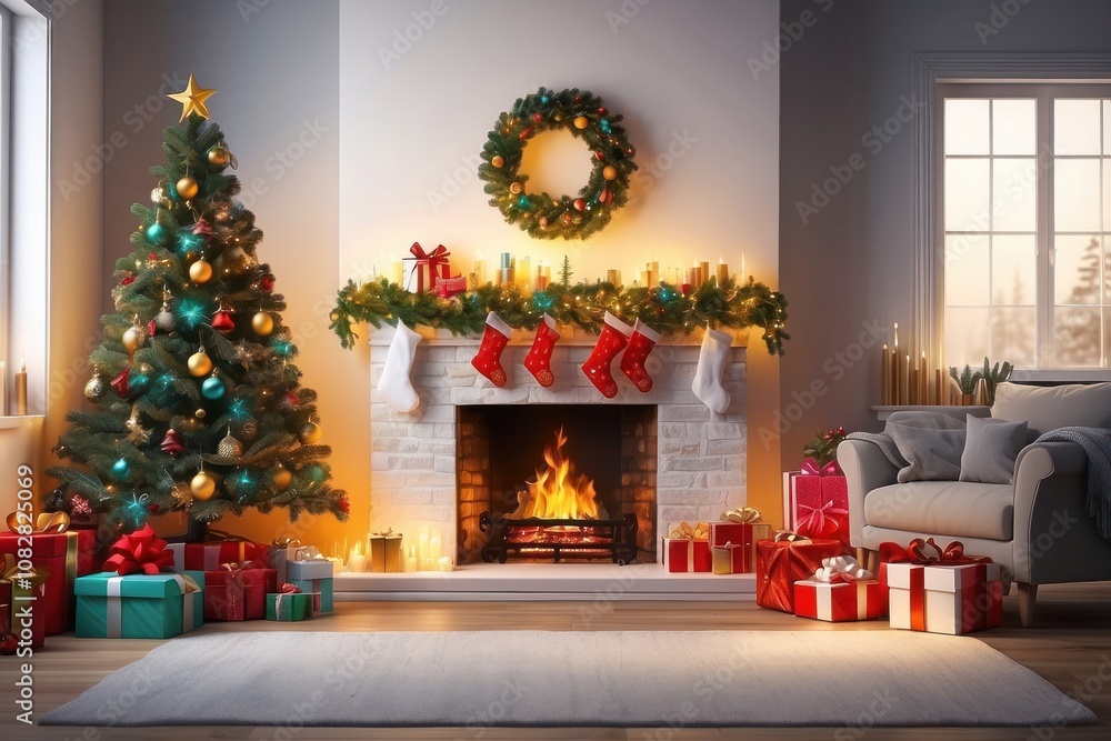 Christmas Tree In Red Shiny Glittering Background - Baubles Hanging On Fir With Abstract Lights Christmas Tree In Red Shiny Glittering Background - Baubles Hanging On Fir With Abstract Lights