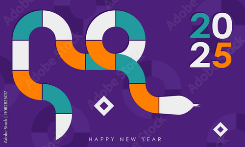 Template of modern greeting card with geometric rectangle shapes in the form of a coiled snake in orange, cyan, purple and white colors. Minimalist trendy banner for 2025 Lunar New Year of the Snake 