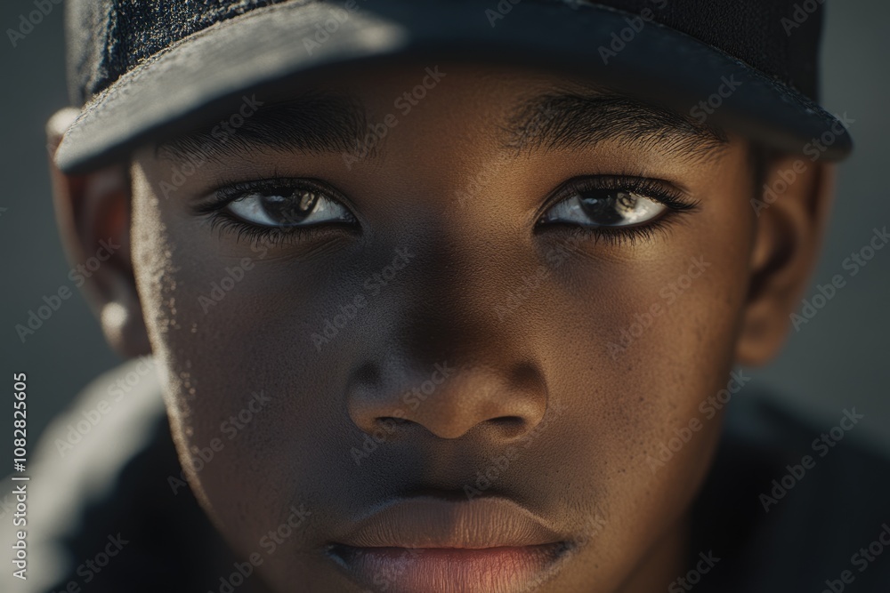 Portrait of young African American wearing baseball hat Portrait of young African American wearing baseball hat