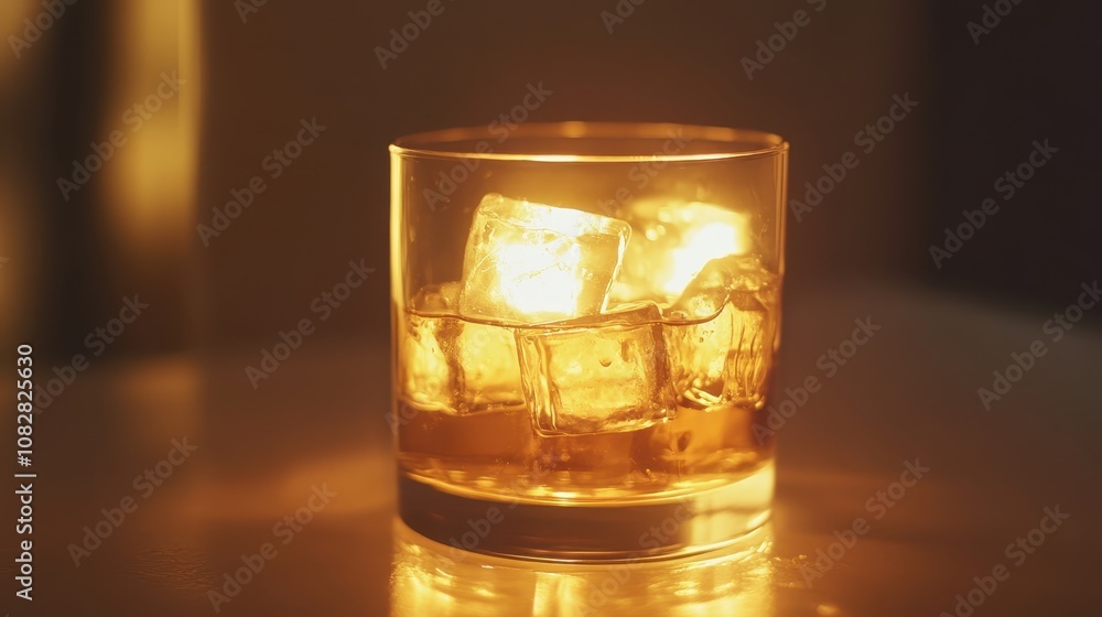 A whiskey glass with ice cubes, lit by a warm, amber glow. A whiskey glass with ice cubes, lit by a warm, amber glow.