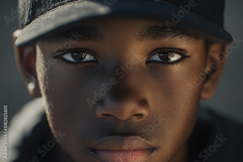 Portrait of young African American wearing baseball hat