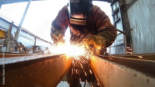 A welder in protective gear, sparks cascading as they join metal beams.