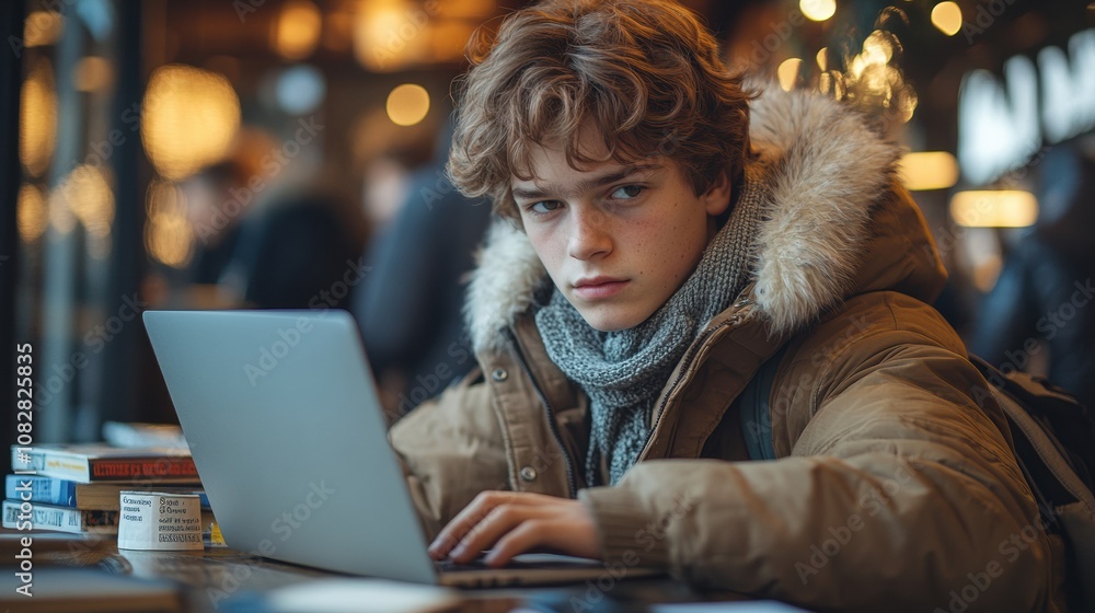 Focused Young Man Working on Laptop in Cafe Focused Young Man Working on Laptop in Cafe