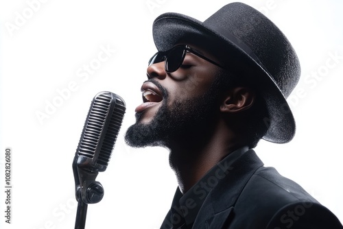 Stylish afro american man singing into vintage microphone isolated on a white background photo