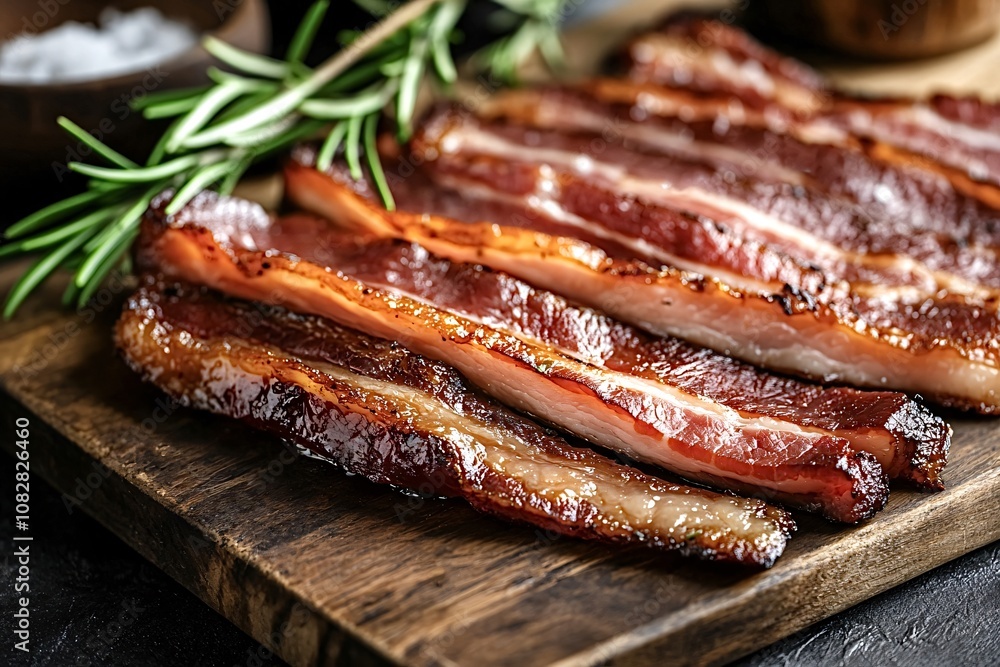 Sizzling strips of perfectly cooked bacon are arranged on a rustic wooden cutting board, garnished with fresh rosemary sprigs, creating an irresistible culinary scene Sizzling strips of perfectly cooked bacon are arranged on a rustic wooden cutting board, garnished with fresh rosemary sprigs, creating an irresistible culinary scene