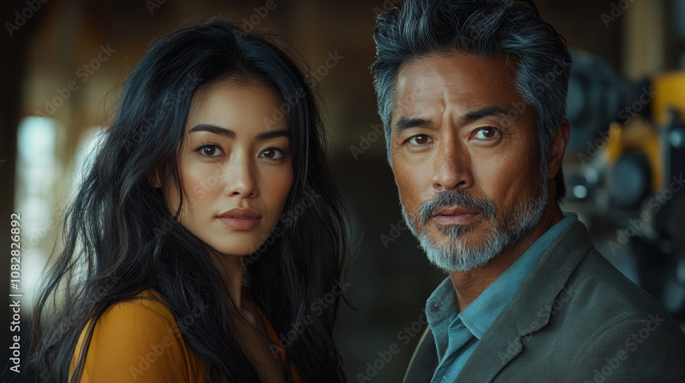Intriguing Gaze: A captivating portrait of a mature man and a woman with intense gazes, hinting at a story waiting to unfold. The soft lighting and muted tones create a sense of mystery and depth. Intriguing Gaze: A captivating portrait of a mature man and a woman with intense gazes, hinting at a story waiting to unfold. The soft lighting and muted tones create a sense of mystery and depth.