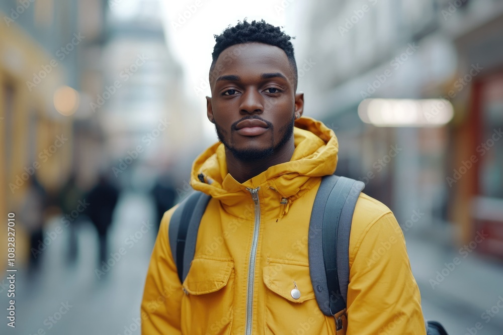 Young black man in trendy wear standing on pavement while looking at camera in town Young black man in trendy wear standing on pavement while looking at camera in town