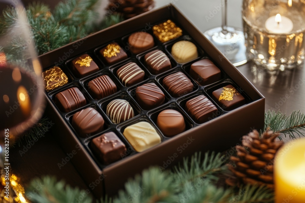 Elegant chocolate pralines set on a romantic table with wine glasses and a softly glowing candle, perfect for a special evening