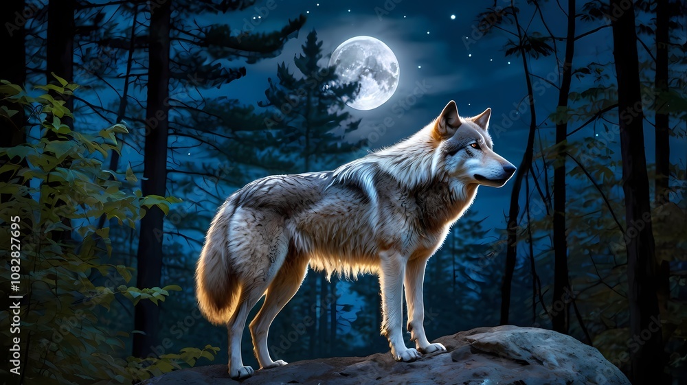 Obraz premium Mystic Wolf in Moonlight powerful silver wol