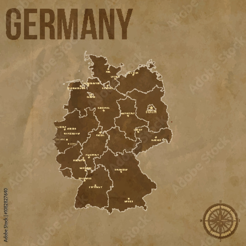 Vintage GERMANY Map with Regions Borders and Major Cities Positions