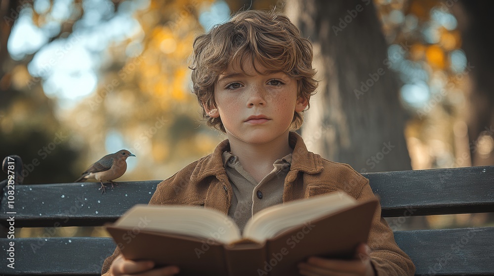 Autumn Reading: A young boy with curly hair sits on a park bench, engrossed in a book. A small bird perches on the bench beside him, adding a touch of nature to this serene scene. Autumn Reading: A young boy with curly hair sits on a park bench, engrossed in a book. A small bird perches on the bench beside him, adding a touch of nature to this serene scene.