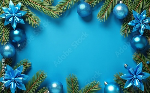 Elegant light blue Christmas gifts balls, and golden ribbons and stars on light background 