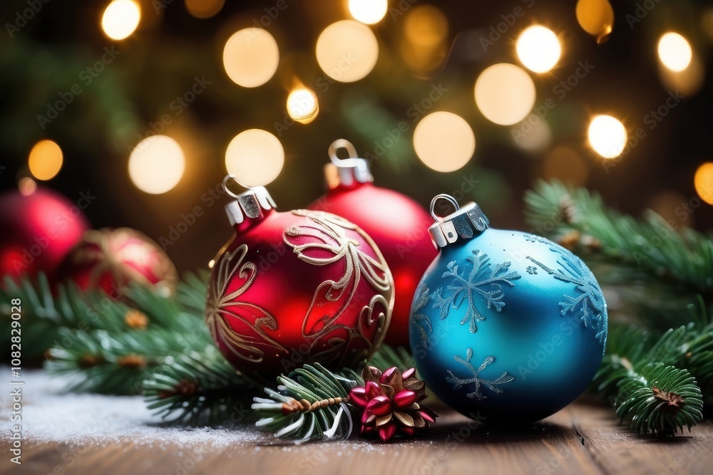 Christmas Tree In Red Shiny Glittering Background - Baubles Hanging On Fir With Abstract Lights Christmas Tree In Red Shiny Glittering Background - Baubles Hanging On Fir With Abstract Lights