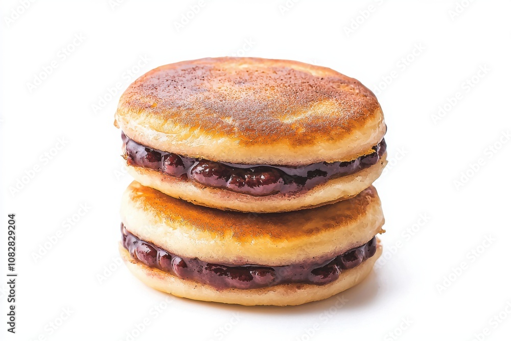 A close-up of two fluffy red bean dorayaki, Japanese food, isolated on white background. A close-up of two fluffy red bean dorayaki, Japanese food, isolated on white background.