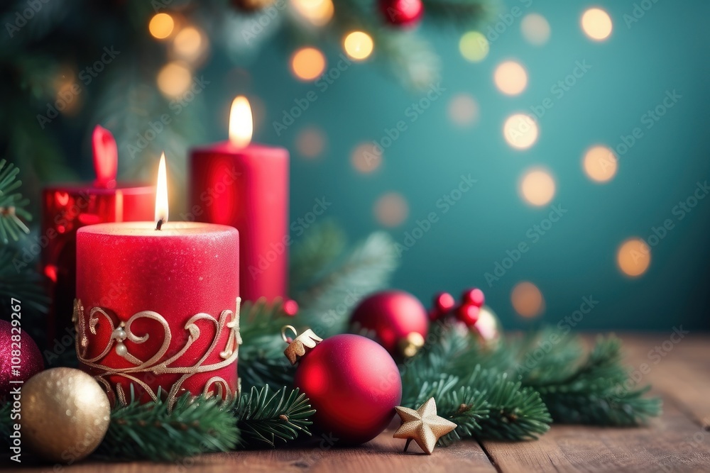 Christmas Tree In Red Shiny Glittering Background - Baubles Hanging On Fir With Abstract Lights Christmas Tree In Red Shiny Glittering Background - Baubles Hanging On Fir With Abstract Lights
