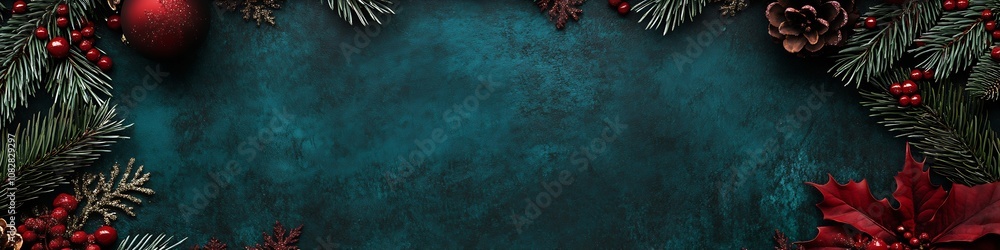 Naklejka premium Rustic Christmas Border with Red Ornaments and Green Pine Cones on Textured Background : Generative AI