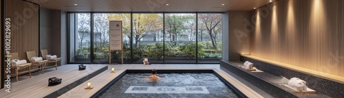 A serene spa interior featuring a tranquil pool and relaxation area with natural light.