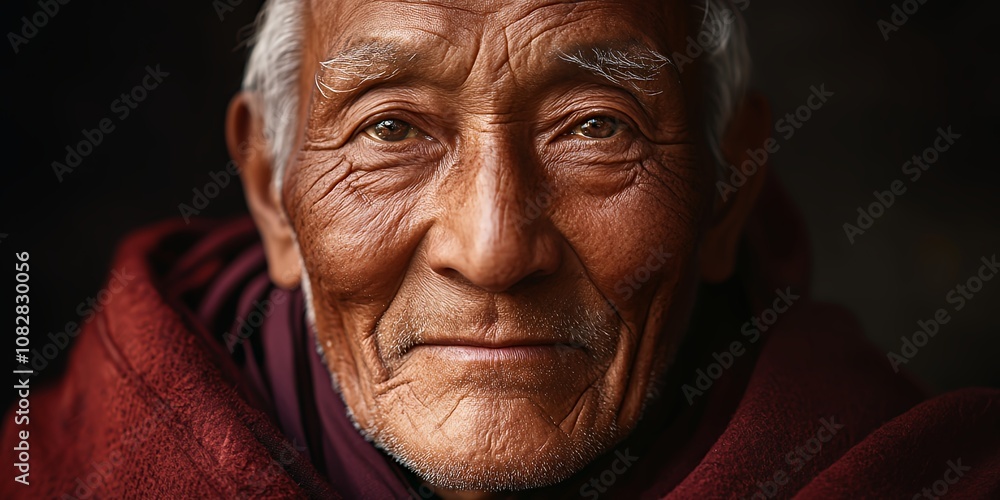 An Elderly Man With Deep-Set Wrinkles Smiles Warmly, Reflecting Wisdom and Experience in His Eyes, Adorned in Traditional Attire Against a Dark Background An Elderly Man With Deep-Set Wrinkles Smiles Warmly, Reflecting Wisdom and Experience in His Eyes, Adorned in Traditional Attire Against a Dark Background