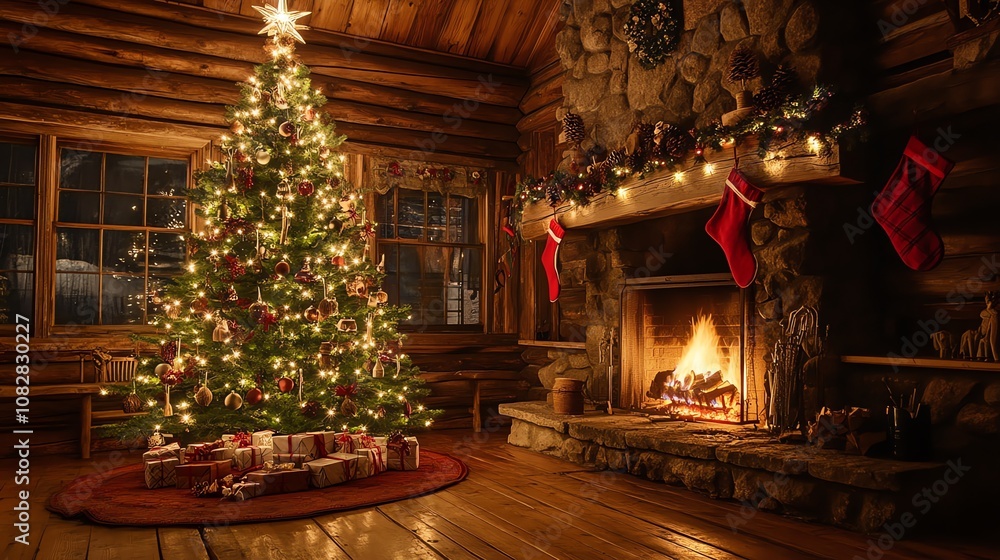Fototapeta premium cozy and festive Christmas scene inside a rustic log cabin