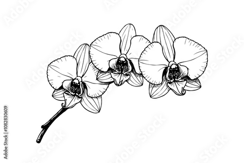 Hand-drawn illustration of three orchid Phalaenopsis flowers on a branch. Black and white style on a plain white background. Botanical nature concept