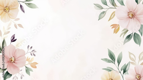 Beautiful floral design with soft pastel colors and elegant leaves, perfect for invitations or stationery. delicate flowers create serene and inviting atmosphere