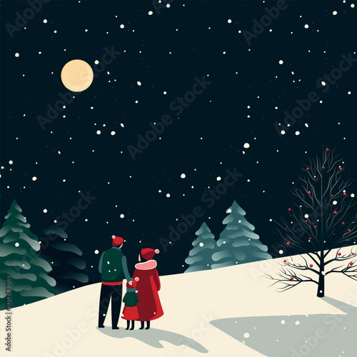Winter night landscape, Christmas card, family, forest, night, winter illustration, vector, flat art